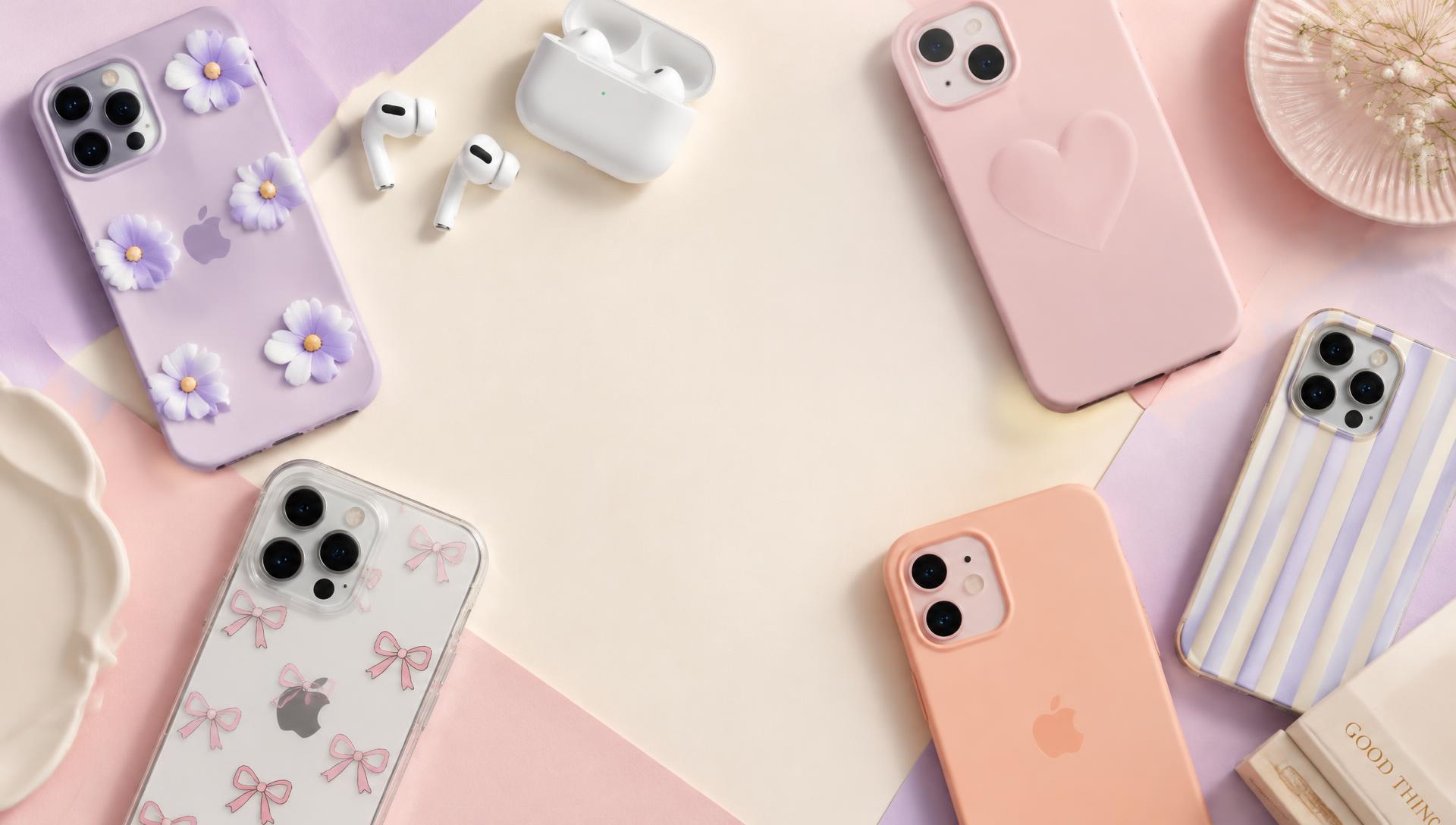 Phones in stylish cases styled with white AirPods on a pastel background